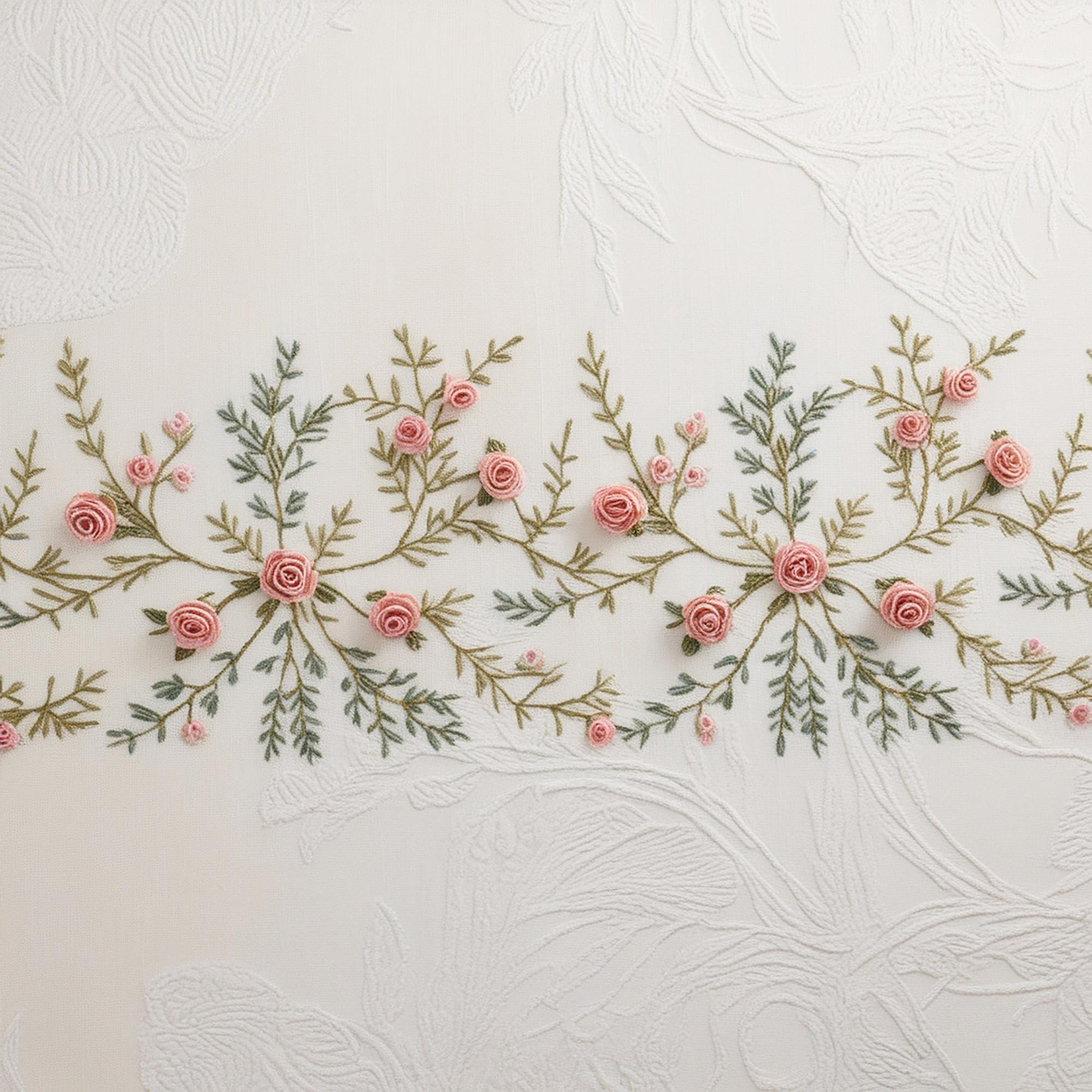 Large embroidered floral panel on linen, studio light